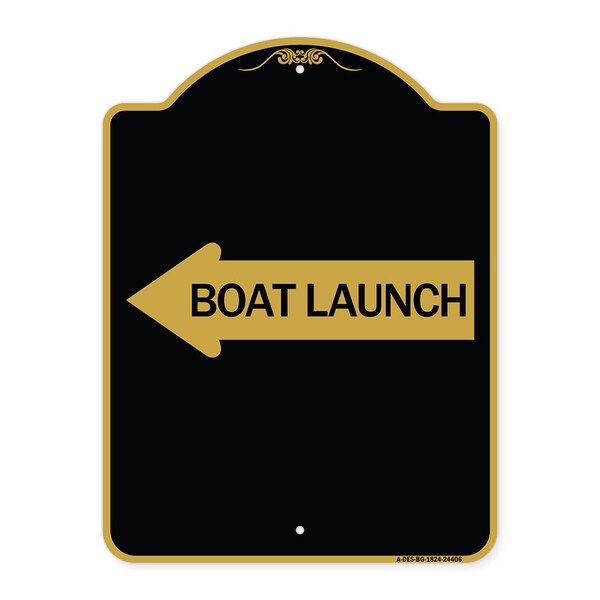 Designer Series Boat Launch W/ Left Arrow, Black & Gold Aluminum Sign, 18" x 24", BG-1824-24406
